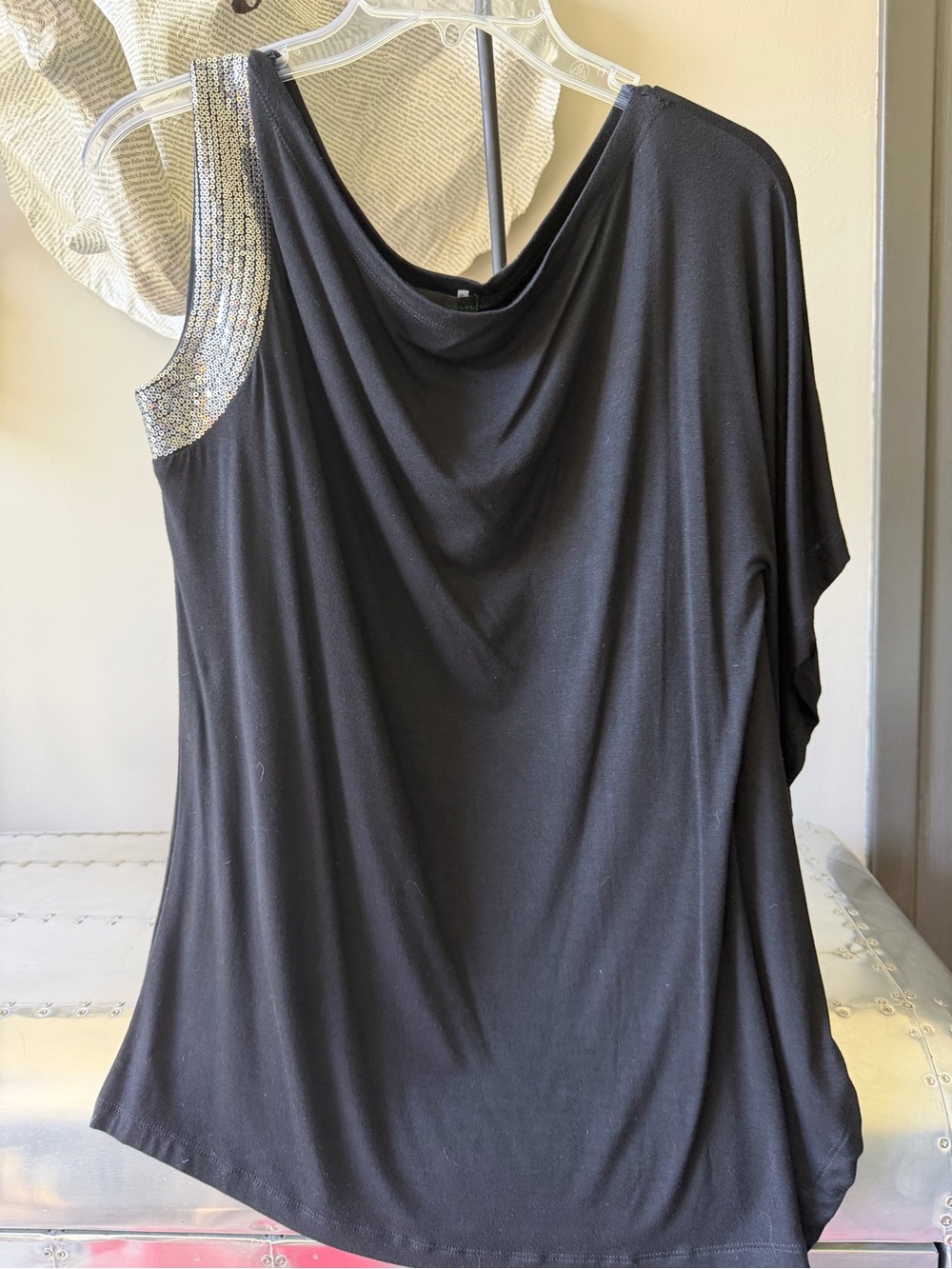 Black One-Shoulder Sequin Accent Top